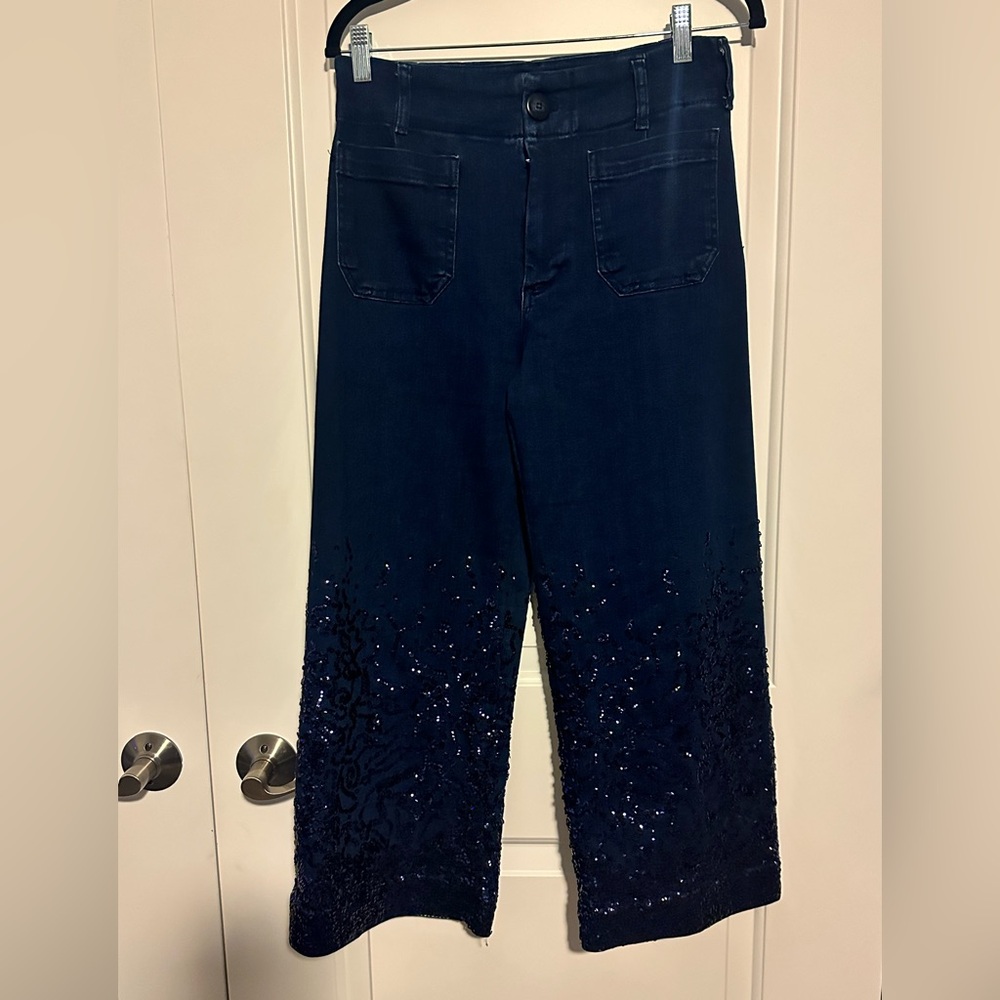 Maeve Midnight blue sequin wide leg crop denim
